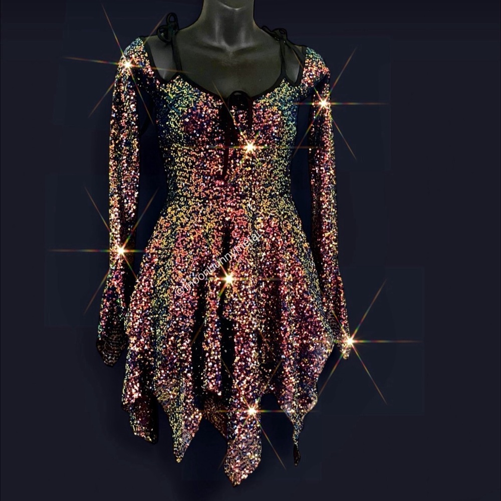 NEW Club Exx Dolls Kill sequined F is for faries handkerchief dress Goth Punk XS